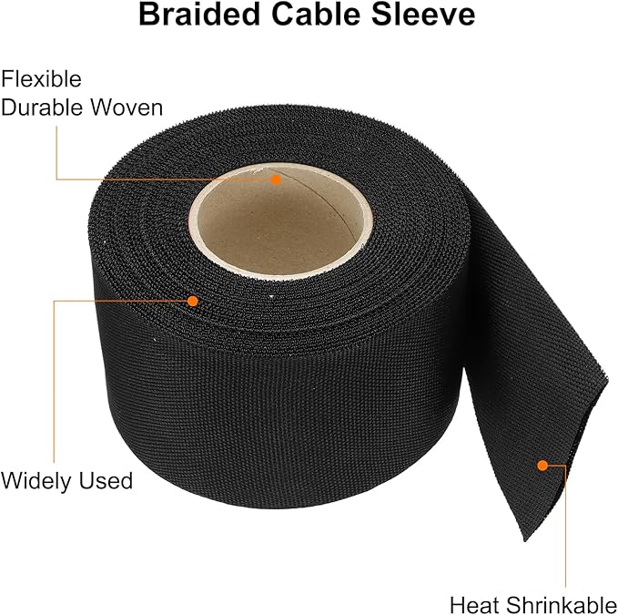 MECCANIXITY Braided Cable Sleeves Heat Shrinkable Fabric Sleeving, 2" 33ft Black 2:1 Ratio Heat Shrinkable Cord Protector for Harness Cable, Network Cable Protection, Cable Management