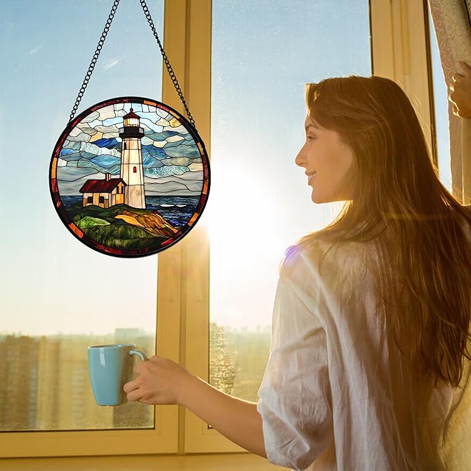 DASTOLL Stained Glass Window Hanging, Ocean Lighthouse Sun Catchers Glass Panel Blue Green Suncatcher Decor for Birthday for Women, Men, Wife, Aunt, and Mom 11.8 in