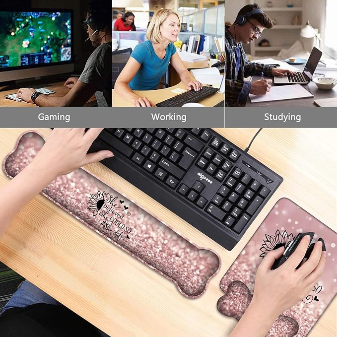 Ergonomic Mouse Pad Wrist Support and Keyboard Wrist Rest Set with Coasters, She Believed She Could So She Did Inspirational Quote with Non-Slip PU Base, Perfect for Home Office Working Studying