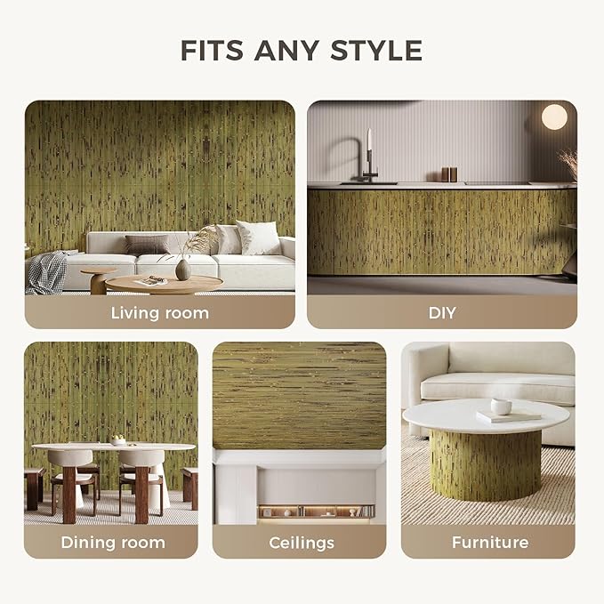 OUZUGIE 1 Pack 96x48 Inch Natural Bamboo Wall Panel – Green Burned Pole Wrap Paneling for Walls, Ceilings, Cabinets, Furniture – Ideal for Bedroom, Living Room & Office DIY Decor