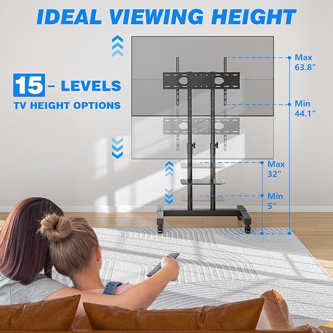 Rfiver Mobile TV Cart Rolling TV Stand for 32-83 Inch Screens up to 110lbs, Portable TV Stand on Wheels with Height Adjustable Shelf, Outdoor TV Stands Mount for Home Office MAX VESA 600x400mm, Black