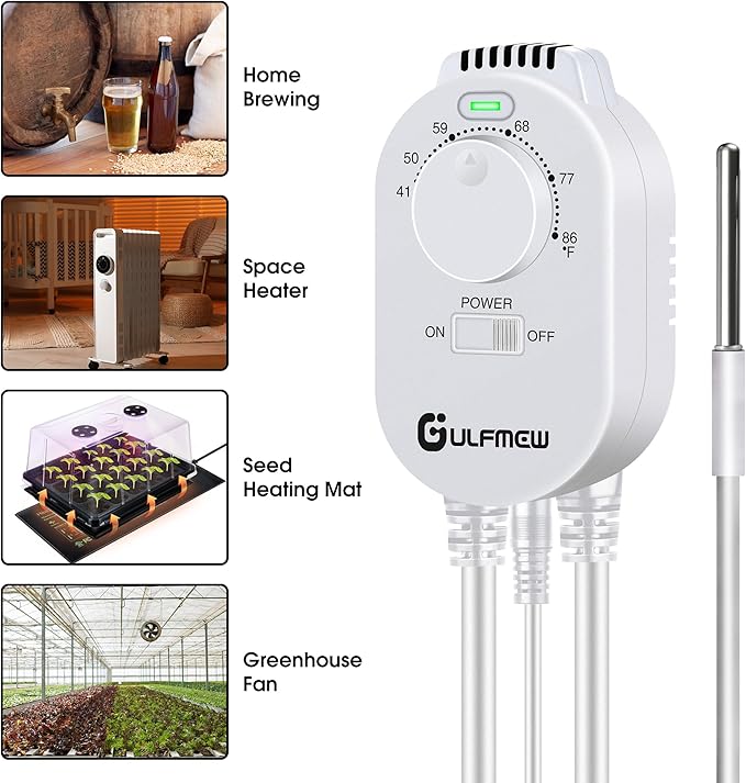 2 Pcs Plug in Thermostat for Heater, Thermostat Plug Outlet with 4.9FT Power Cord, Heating and Cooling Thermostats Outlet with Temperature Probe for Space Heater, Greenhouse Fan (White)