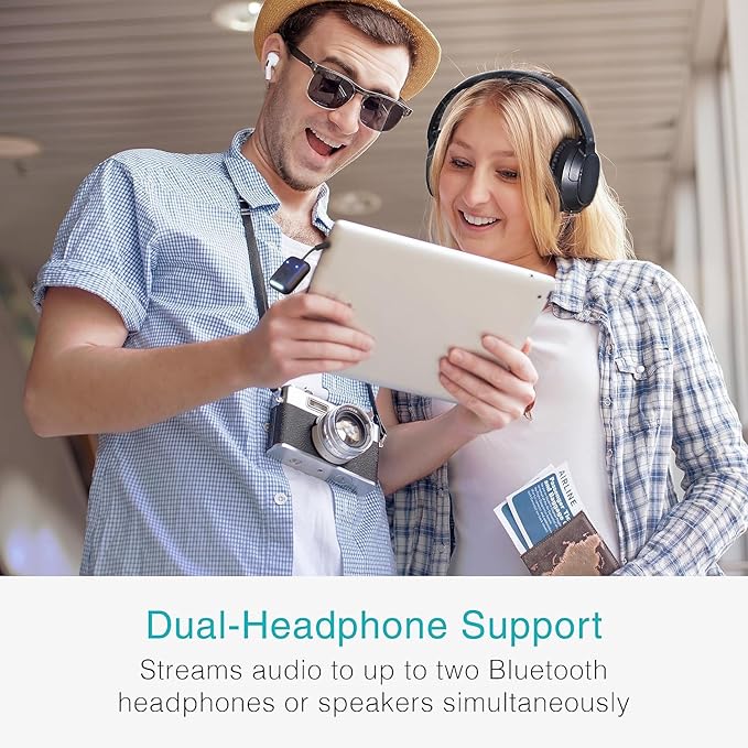 MEE Audio Connect Air in-Flight Bluetooth Wireless Audio Transmitter, with Extra Dual 3.5mm Jack AUX Adapter, for up to 2 AirPods/Other Headphones; Works with All 3.5mm Aux Jacks, Black