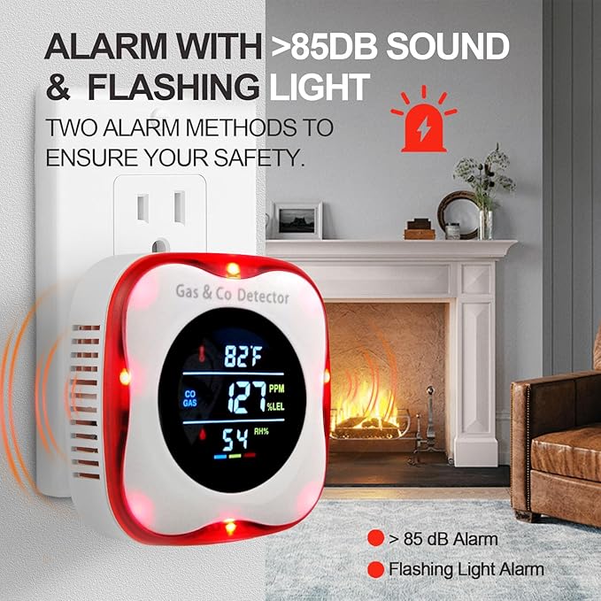 Combustible Gas & Carbon Monoxide Detector 4-in-1 Alarm with Temp/Humidity Sensor – Plug-in CO/Gas Leak Detector for Home, RV, Apartment Safety (Explosive Gas & CO Detection) (CO&Gas, 2-Pack)