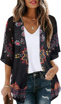 Women's Floral Print Puff Sleeve Kimono Cardigan Loose Cover Up Casual Blouse by CHICGAL