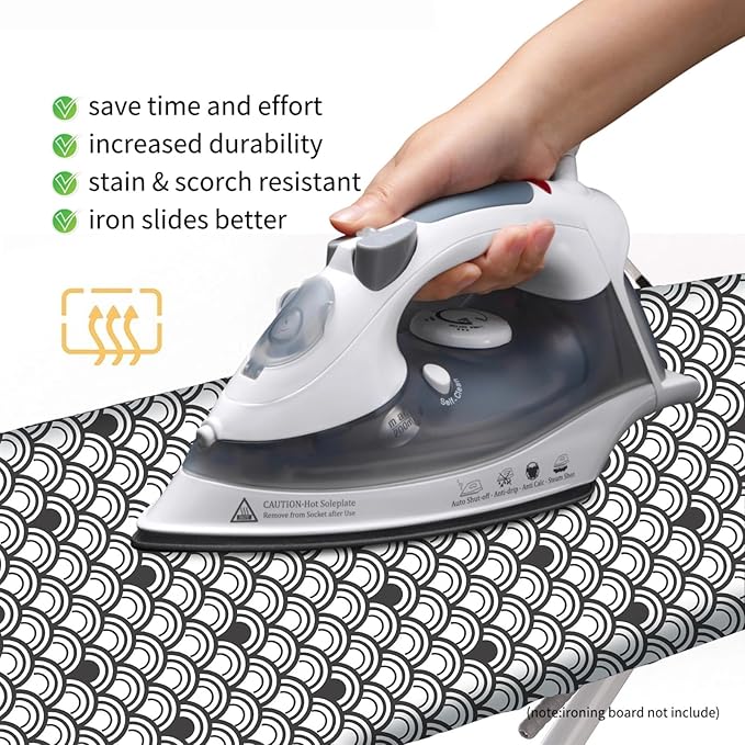 Bumkimue Ironing Board Cover and Pad, Standard Size 15x54 Inches, Blue Floral Pattern, Heavy Duty Padded, Elastic Edge, Scorch Resistant (Black and White Shell Shape)