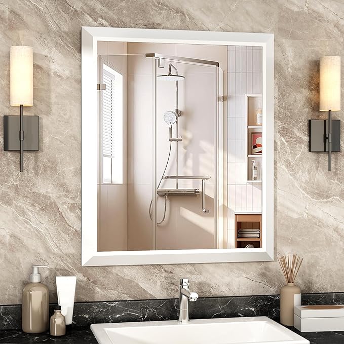 SMIROR Matte White Bathroom Mirror for Over Sink, 36”x 30” Metal Thick Framed Rectangle Vanity Mirror for Wall, Right Angle Corner, Anti-Rust, Horizontally or Vertically Mounted