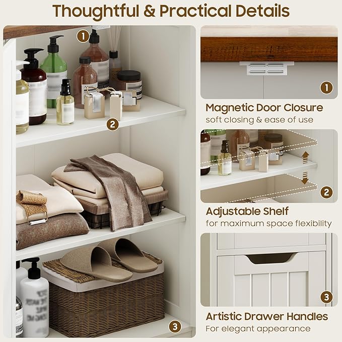 Vabches Farmhouse Bathroom Cabinet, Freestanding Storage Cabinet with 4 Drawers and 2 Doors, Rustic Storage Organizer with Adjustable Shelf for Bathroom, Living Room, Entryway, White