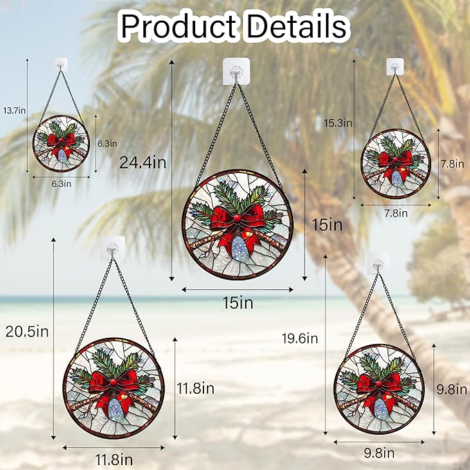 DASTOLL Stained Glass Window Hanging - Pine Branches Red Bow Suncatcher for Doors Home Christmas Decoration Silver Sun Catcher Thanksgiving New Year Birthday Gifts for Women Men Mom Nana 9.8 in