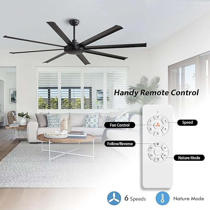 WINGBO 80 Inch Industrial Ceiling Fan without Light, 8 Aluminum Blades Ceiling Fan No Light, 6-Speed Reversible Noiseless DC Motor for Kitchen Bedroom Living Room, Matte Black