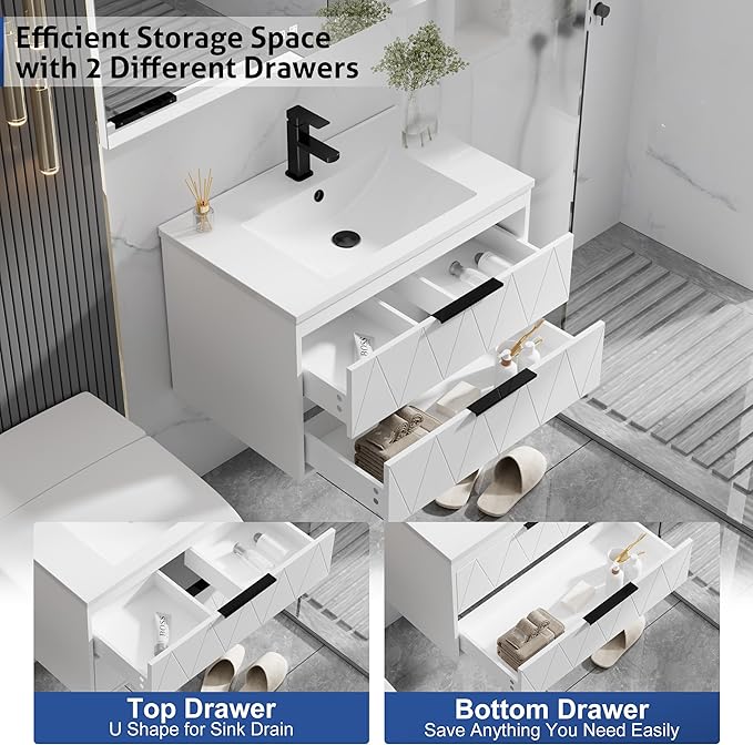 eclife 30" Bathroom Vanities Cabinet with Sink Combo, Wall Mounted Floating Cabinet W/Decor Line, Soft-Close System, 2 Extra Big Drawers, Matte Black Faucet, White