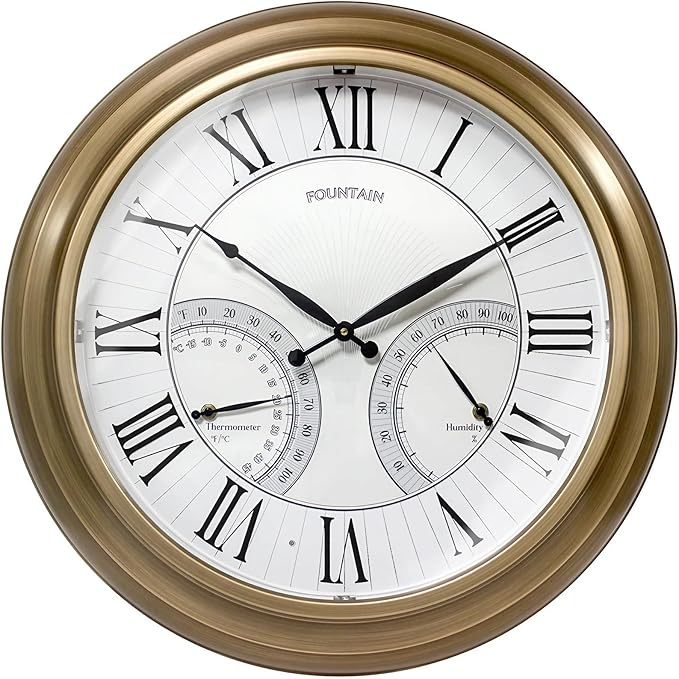 FOUNTAIN DESIGNS 24 Inch in/Outdoor Wall Clock with Temperature and Humidity Combo, Large Outdoor Clock for Patio Large Waterproof with Thermometer,Antique Hamilton Gold Metal