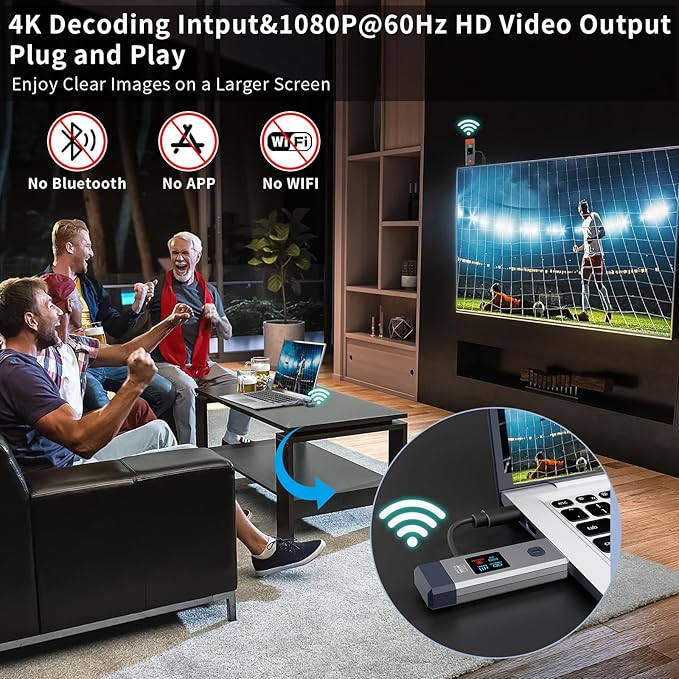 Wireless HDMI Transmitter and Receiver 328ft/100m for 4K Decode Input 1080P Output Plug&Play Portable 2.4G/5.8G for Video and Audio to Monitor from PC/Projector/TV Box, with Display Screen