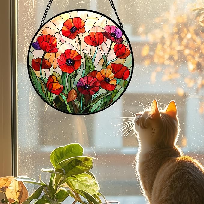 CRISGIF Stained Glass Window Hanging - Poppy Birth Flowers Suncatcher for Door Garden Yard Wildflowers Sun Catchers Decor Christmas Mother's Day Birthday Gifts for Women Mom Nana Friend 7.8 in