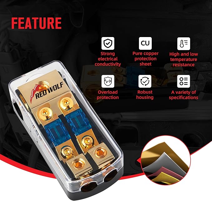 RED WOLF 2 Way Mini ANL Fuse Holder 60A 0/2/4 Gauge Input 4/8 Gauge Output Fuse Distribution Block for Car Boat Trolling Motor Marine Audio Amplifier Stereo Video System