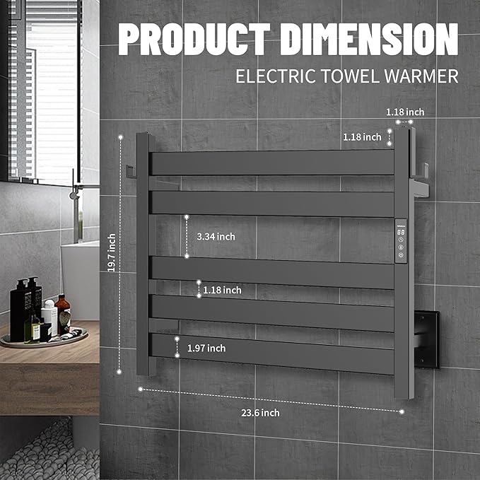 K&KALONZO Towel Warmer for Bathroom, Wall-Mounted 5-Bar Heated Towel Rack with Built-in Timer, Waterproof Electric Towel Heater, Support Plug-in and Hardwired, Matte Black, EL18S