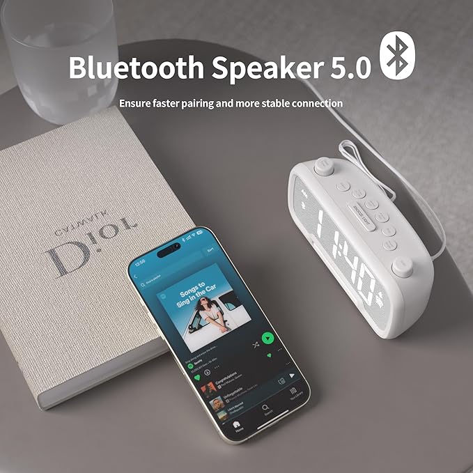 Alarm Clock Radio for Bedrooms, Hi-Fi Sound, Clock Radio with Bluetooth Speaker, Adjustable Dimmer, Auto-off Timer, Night Light, Dual Charging Ports, Ideal for Bedrooms, Dorms & Home Offices(White)