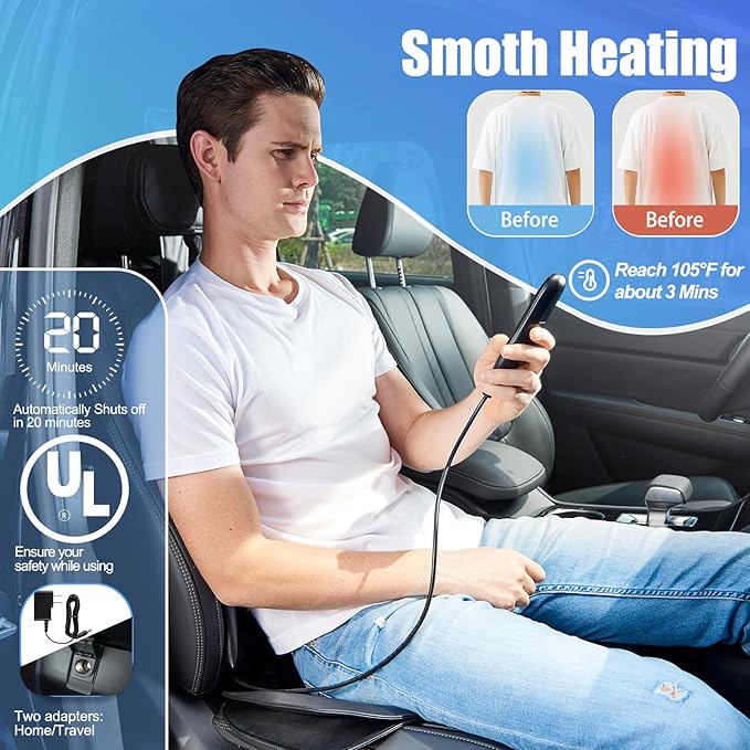 Back Massager with Heat & Traction & Vibration, Seat Massager Pad for Pain Relief Deep Tissue, Lumbar Traction, PU Leather, Foldable, for 5’ to 6’1”, Massage Chair Pad for Office Home