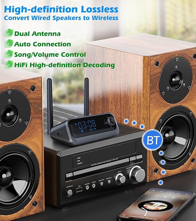 Bluetooth Receiver for Home Stereo, Bluetooth Adapter for Old Receiver Optical/AUX/Coaxial Low Latency & Volume Control, Wireless Audio Receivers for Wired Speakers Support USB Drive KAIY
