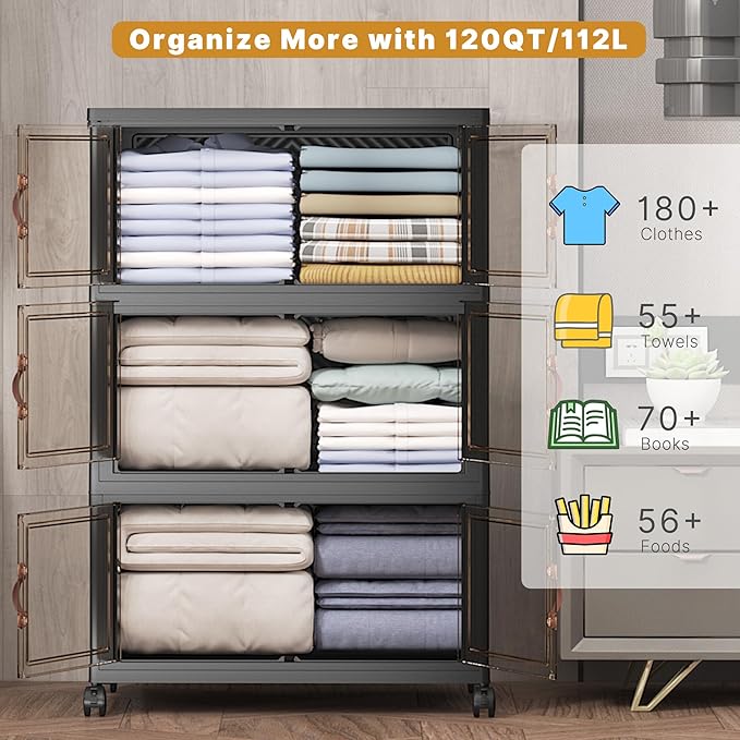 Extra Large Stackable Storage Bins with Lids & Wheels, 165QT-55QT/14GAL*3Pack Foldable Collapsible Closet Organizers Dark Storage Cabinet with Doors for Bedroom Dorm