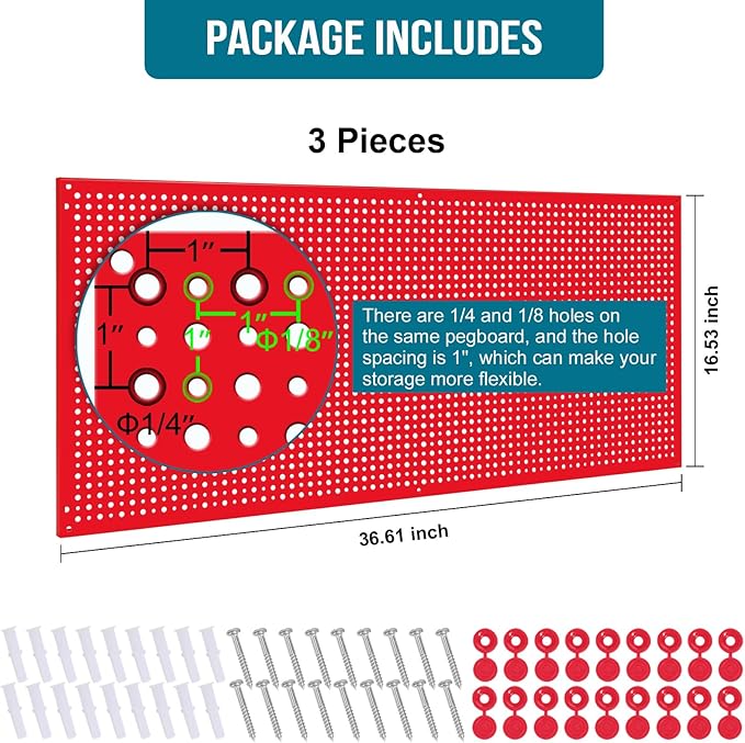 Daanxw Pegboard Rack Garage Storage Steel Horizontal PegBoard Pack,Steel Pegboard Heavy Duty- 3 Pack 16-Inch X 36-Inch Metal Peg Board Tool Organization Panels (Red)