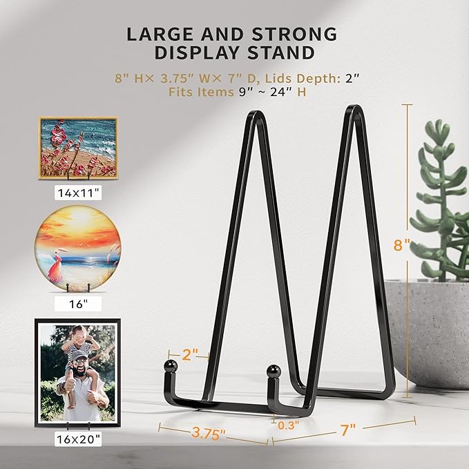 IPAME 4 Pack 8 Inch Large Plate Stands for Display - Metal Square Wire Plate Holder Display Stand + Picture Stand for Book, Platter, Plaque, Photo Easel