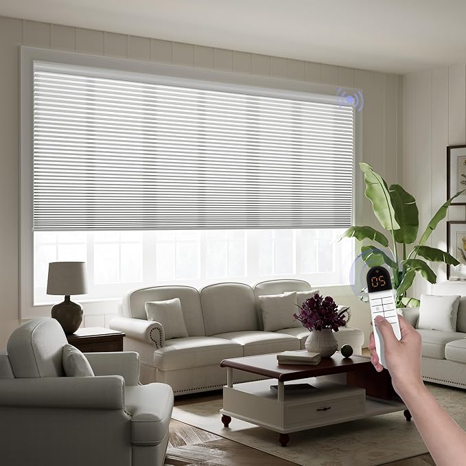 Boolegon Motorized Blinds with Remote, Light Filtering Smart Blinds, Automatic Cellular Shades for Windows, Rechargeable Electric Honeycomb Shades for Home,Light Filtering White,Custom Size