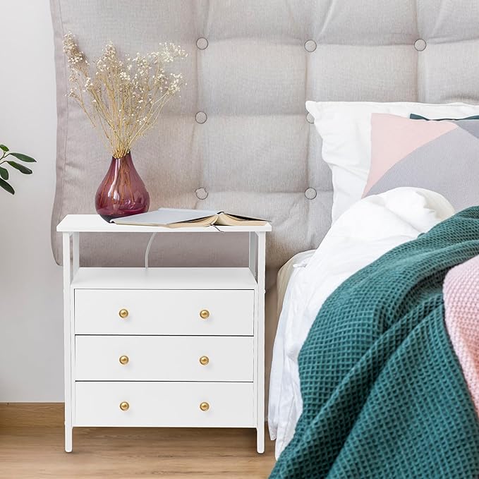 Edbuosy 3 Wooden Drawers Nightstand, 27 Inch Wide Night Stand Set 2 with Charging Station and Adjustable Drawers, Small Dresser for Closet, Bedside Table for Living Room/Bedroom/Office, White.