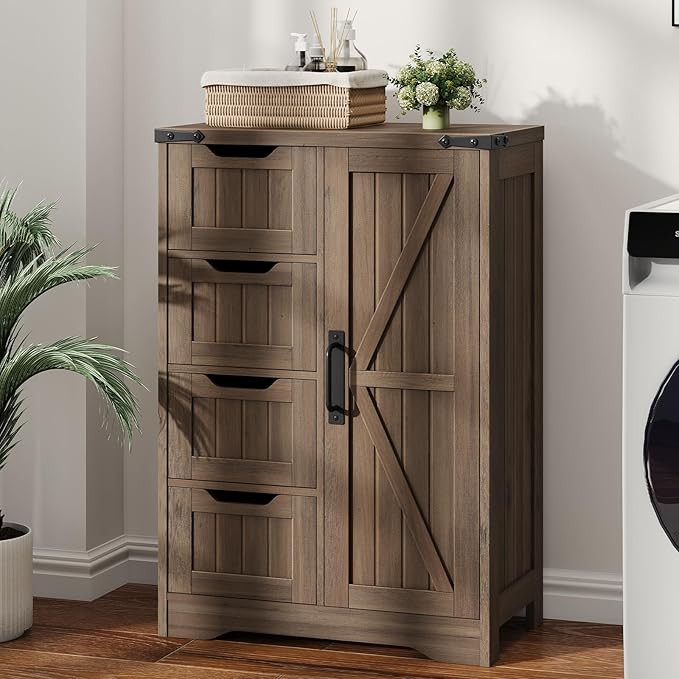 Vabches Farmhouse Bathroom Cabinet, Freestanding Storage Cabinet with 4 Drawers and 1 Door, Rustic Storage Organizer with Adjustable Shelf for Bathroom, Living Room, Entryway, Grey