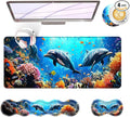 BFUKVOU Large Keyboard Mouse Pad Set, Extended Mouse Pad+Keyboard Wrist Rest Support, Memory Foam Ergonomic Easy Typing, 4Pcs (31.5×11.8 in) Desk Pad Set for Office Home,Underwater Dolphin Scene