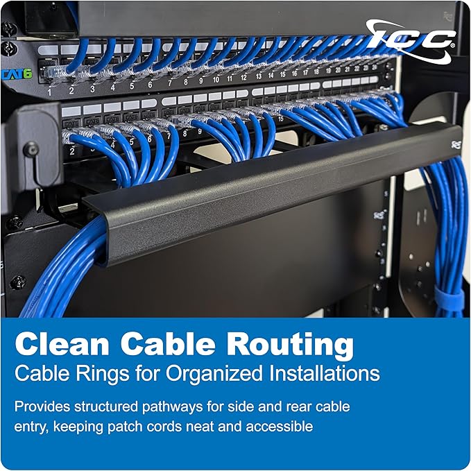 ICC 1U Ring Cable Manager Panel with Cover, Plastic with Metal Back Frame, 4" D-Rings, Horizontal Cable Management, Rackmount for 19” Network Racks, Black, Single Pack