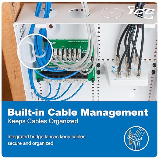 ICC 14” Plastic Structured Wiring Enclosure with Cover, Media Enclosure with CAT6 8-Port PoE++, 1x8 Bridged Telephone RJ31X, & 1x6 Video, Cable Management Box, UL Listed TAA Compliant, ICRESDP14K