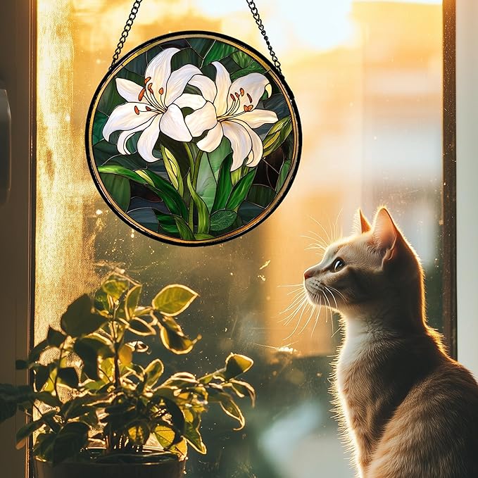 CRISGIF Stained Glass Window Hanging, White Lily Suncatcher for Door Garden Patio Birth Flower Green Plant Sun Catchers Decor Christmas Mother's Day Birthday Gifts for Women Mom Nana Friend 7.8 in