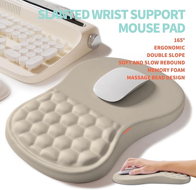 KUOSGM 2-in-1 Ergonomic Set, Wave Rise Keyboard Wrist Rest and Massage Bulge Slope Mouse Pad Wrist Support, Cushion Memory Foam Integrated to Relieve Wrist Pain, Apricot