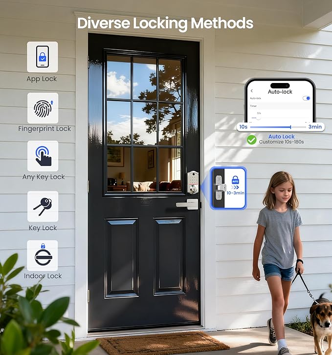 Veise VE017-B Fingerprint Smart Lock for Front Door, App Control, 7-in-1 Keyless Entry Deadbolt with 2 Zinc Alloy Lever Handles Set, Emergency Power Port, Auto Lock, Electronic Keypad, Satin Nickel