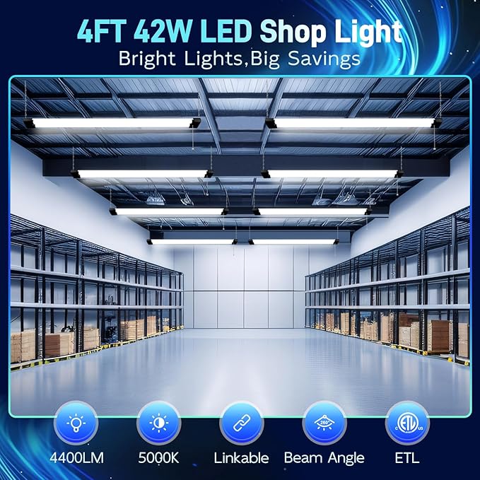hykolity 5000K LED Shop Light Linkable, 4FT Daylight 42W LED Ceiling Lights for Garages, Workshops, Basements,Hanging or FlushMount, Power Cord W/Built-in ON/Off Switch, 4200lm, ETL- 1 Pack
