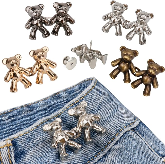 TOOVREN Cute Bear Button Pins for Jeans, No Sew and No Tools Instant Pant Waist Tightener, Adjustable Jean Buttons Pins for Loose Jeans 4 Sets Replacement Pant Clips for Waist Buckle