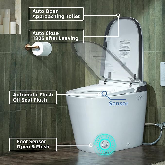 WOODBRIDGE Smart Toilet with Auto Open/Close,1000g MaP Flush Score,Foam Shield,Foot Sensor, Movement Drying,Auto Flush,ADA Height,Blackout Flush,Heated Seat,One Piece Toilet with Tank Built in