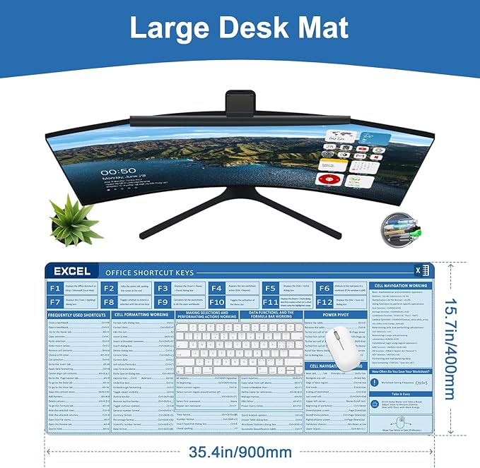 Baziabbo Office Desk Mat, Excel Cheat Sheet Keyboard Mat, Excel Shortcut Desk Pads,Non-Slip Excel Mousepad with Stitched Edges for Computer (Sheet Blue)