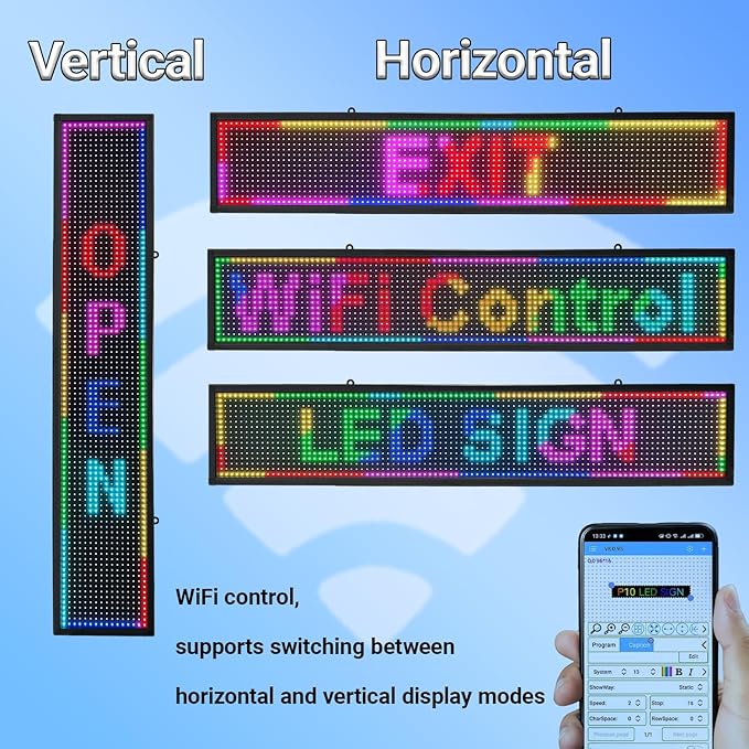 P10 Srolling LED Sign Programmable Outdoor IP65 Waterproof Led Signs, WiFi Control High Brightness Digital LED Sign Dispaly for Business Advertising, Store, Restaurant, Commercial 39”x8”