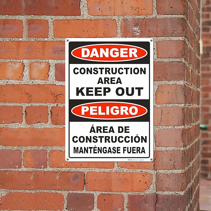 Brimar - 10" x 14" - Bilingual Danger Construction Area Keep Out Sign - .055″ Polyethylene Plastic - Bold Text - Easy Installation