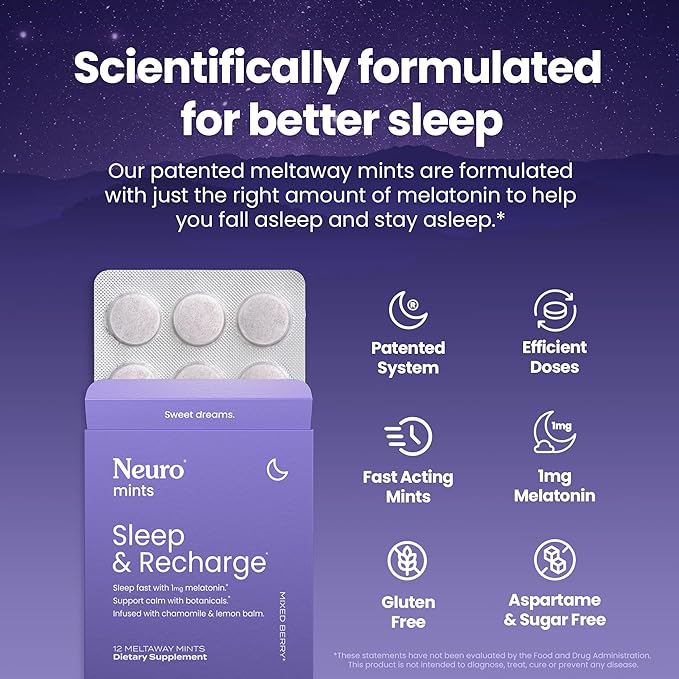 Neuro Sleep & Recharge Meltaway Mints - Contains Melatonin 1 mg, Chamomile & Elderberry - Travel Aid for Nighttime Relaxation & Healthy Sleep Cycle - Mixed Berry, 72 ct