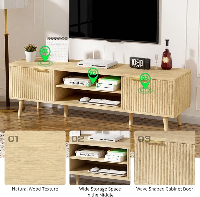 SHGJ&SOFT Storable TV Stand 65 Inch,Mid Century Modern TV Console Two Cabinet Doors with Open Partition in The Middleby by Wooden for Living Room,Bedroom. (Wooden, 1PC)