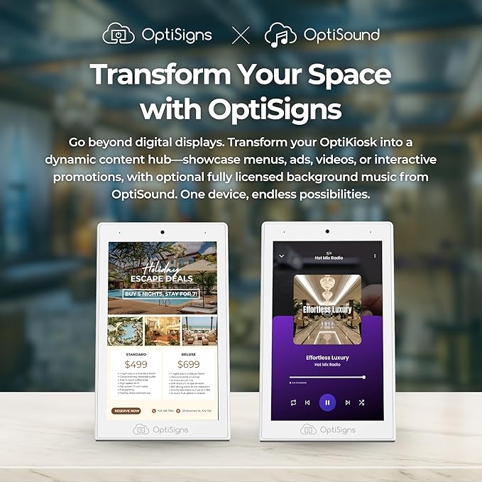 OptiSigns OptiKiosk 10 - Countertop Digital Signage Kiosk, 10.1" HD Touchscreen Display with Wi-Fi, Ethernet & Bluetooth, Software, Optional Background Music