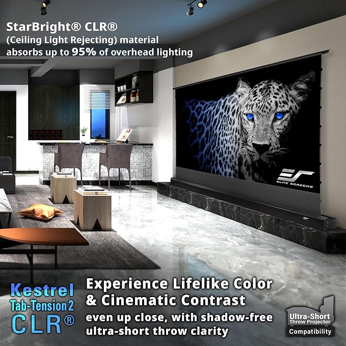 Elite Screens Kestrel Tab-Tension CLR, 101 inch 16:9, Ultra-Short Throw Ceiling Ambient Light Rejecting ALR Electric UST Floor-Rising Projection Motorized Front Projector Screen, FTE101XH3-CLR, White