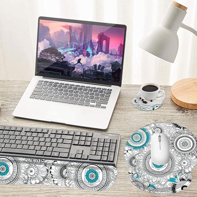 Keyboard Wrist Rest and Mouse Pad Wrist Support Set with Coasters,Non-Slip PU Base Ergonomic Gaming Mousepad for Home Office Working Studying Easy Typing & Pain Relief,Mandala Flowers