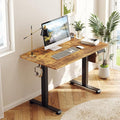 Veken 39.4" Small Electric Standing Desk, Height Adjustable Sit Stand Up, Wood Desktop, Work Home Office Computer PC Desks, Writing Study Bedroom Rising Table, Brown