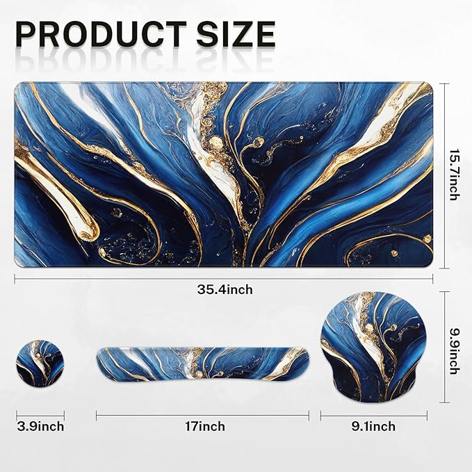 Britimes Blue and Gold Marble Keyboard Mouse Pad Set 4in1 Large Mousepad+Keyboard Wrist Rest+Mouse Wrist Rest+Coaster Set with Ergonomic Design for Home Office Computer 35.4x15.7 inches