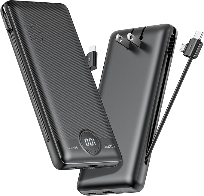 Statik GoHub Slim Portable Charger with Wall Plug, Portable Charger Built in Cables, Universal Charging Station Multiple Devices, 10000mAh Power Bank USB C Portable Phone Charger Battery Pack 1 Pack