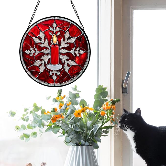 DASTOLL Stained Glass Window Hanging 4 Pcs Set Red Christmas Decorations Theme 6.3" - Suncatcher Door Garden Sun Catcher Decor Birthday for Mom Woman Nana Men Friend Wife